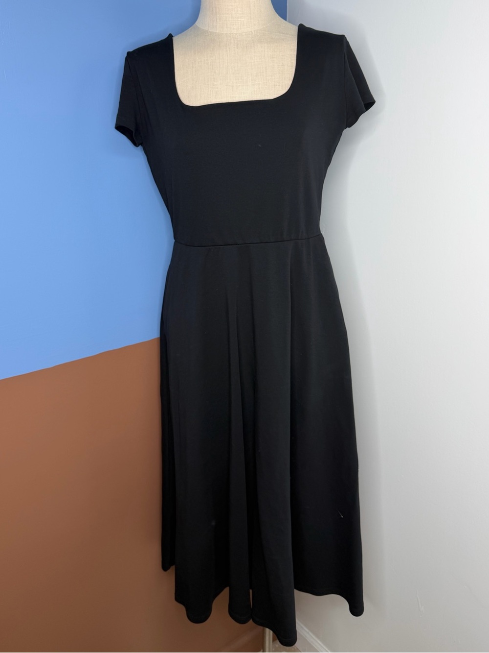 BCI Cotton Square Neck A-Line Mid-Calf Dress Black Size XL